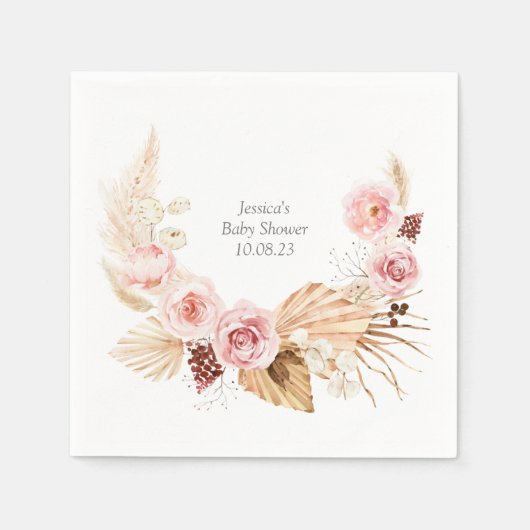 Serviette En Papier Baby shower rose Aquarelle Boho Floral (Devant)