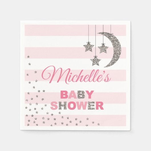 Serviette En Papier baby shower rose argent scintillant petite étoile (Devant)
