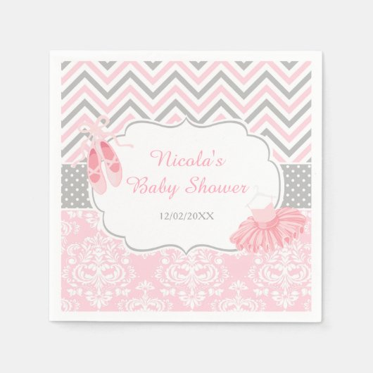 Serviette En Papier Baby shower rose et gris Chevron Ballerina (Devant)