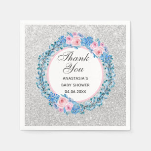 Serviette En Papier Baby shower Rose Merci rose argent