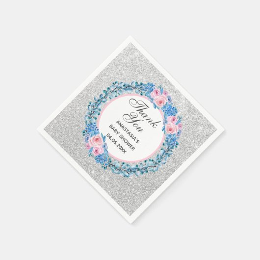 Serviette En Papier Baby shower Rose Merci rose argent (Coin)