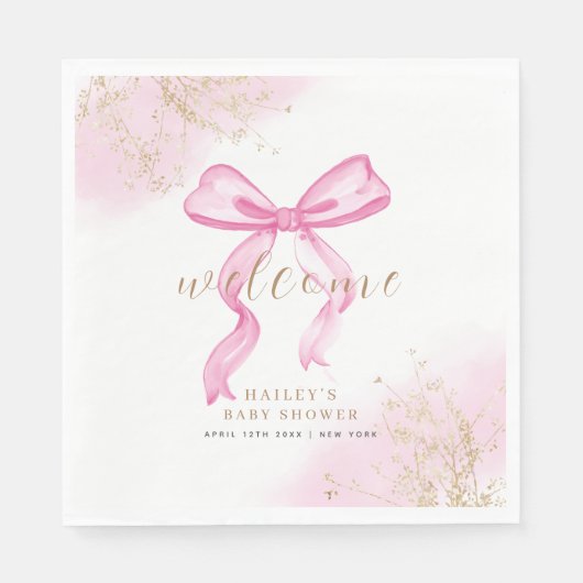 Serviette En Papier Baby shower rose moderne élégant aquarelle Bow (Devant)