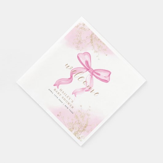 Serviette En Papier Baby shower rose moderne élégant aquarelle Bow (Coin)