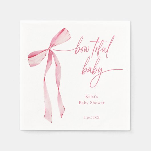 Serviette En Papier Baby shower rose pâle à l'aquarelle Bowtiful (Devant)