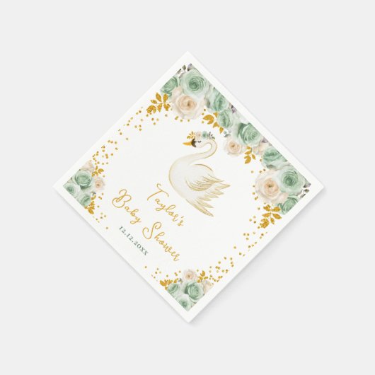 Serviette En Papier Baby shower Rose Swan Sage Green et Gold (Coin)