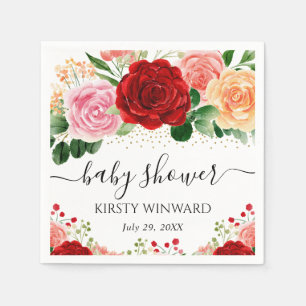 Serviette En Papier Baby Shower Roses Rouges et Jaunes Aquarelle