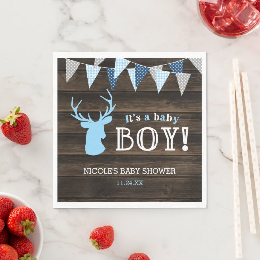 Serviette En Papier Baby shower rustique Bois Bleu Cerf (En situation)