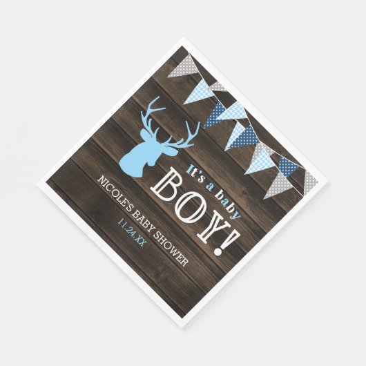 Serviette En Papier Baby shower rustique Bois Bleu Cerf (Coin)