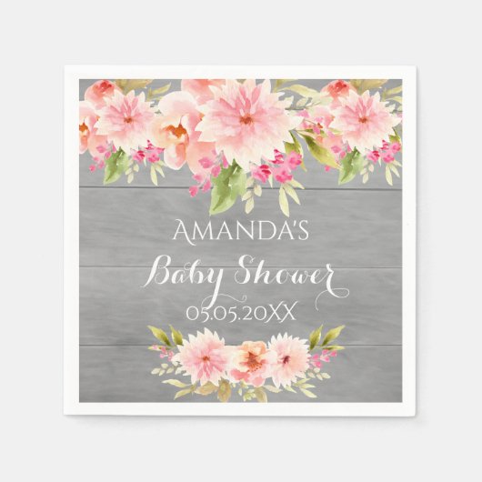 Serviette En Papier Baby shower rustique corail dahlia fleurs gris (Devant)