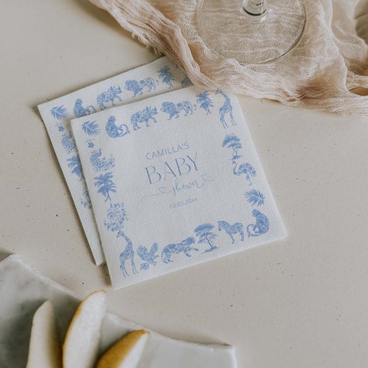 Serviette En Papier Baby shower Safari Toile De Jouy Blanc Et Bleu