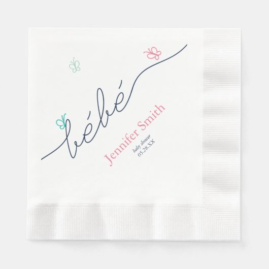 Serviette En Papier Baby shower simple à papillon français Sip et voir (Devant)