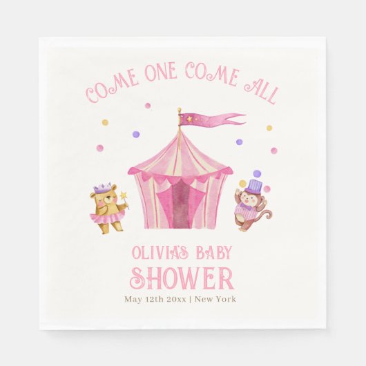 Serviette En Papier Baby shower singe de cirque rose unique (Devant)