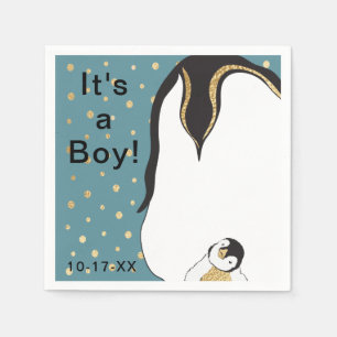 Serviette En Papier Baby shower standard Napkin "Gold/Blue Penguin"