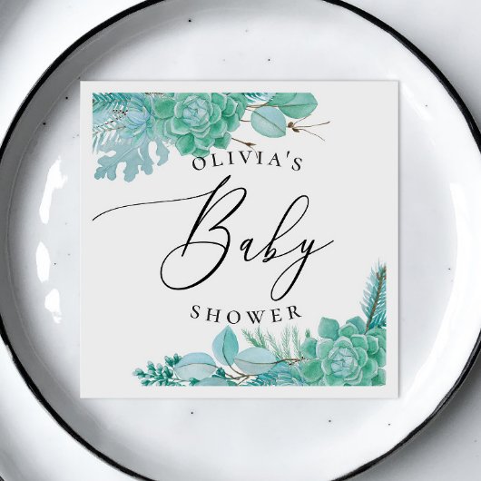 Serviette En Papier Baby shower succulent à la menthe d'aquarelle