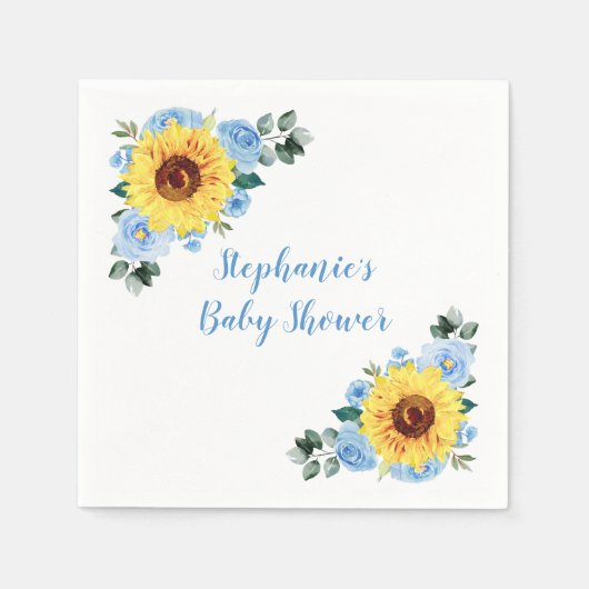 Serviette En Papier Baby shower Sunflower Dusty Blue Personnalisé (Devant)