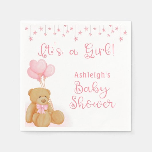 Serviette En Papier Baby shower Teddy Bear Balloons rose C'EST UNE FIL (Devant)