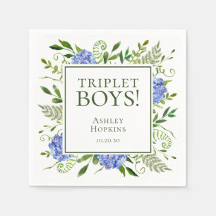 Serviette En Papier Baby shower Triplet Boys Blue Hydrangeas