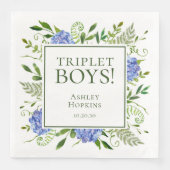 Serviette En Papier Baby shower Triplet Boys Blue Hydrangeas (Devant)