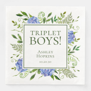 Serviette En Papier Baby shower Triplet Boys Blue Hydrangeas