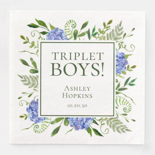 Serviette En Papier Baby shower Triplet Boys Blue Hydrangeas (Devant)