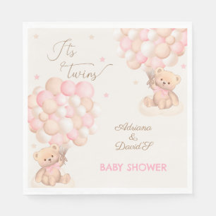 Serviette En Papier Baby shower Twin Girls Pink Bear Balloons