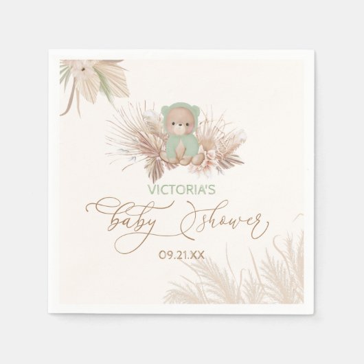 Serviette En Papier Baby shower vert Ours Sage (Devant)