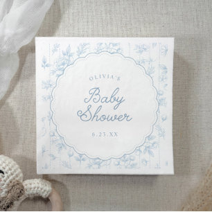 Serviette En Papier Baby Shower Vintage Toile Bleu Floral à Bordure Cr