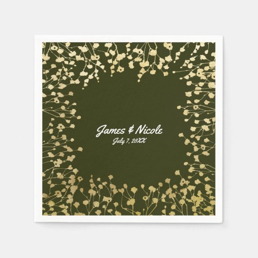 Serviette En Papier Baby's Breath Floral Rustique Vert Olive Doré (Devant)