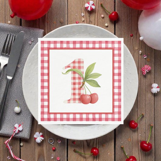 Serviette En Papier Baby's Cherry First Red Gingham Birthday