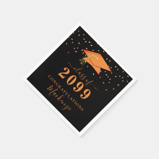 Serviette En Papier Bac de diplôme Noir Orange Confetti Script (Coin)