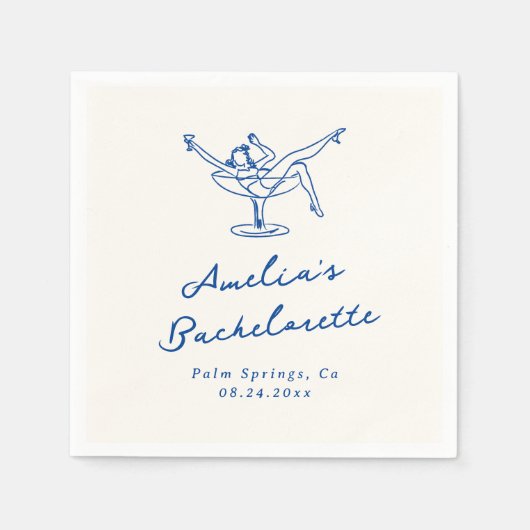 Serviette En Papier Bachelorette Bleue Tiré À La Main (Devant)