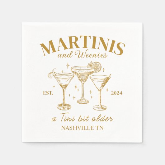 Serviette En Papier Bachelorette Gold Cocktails Martinis Et Weenies (Devant)