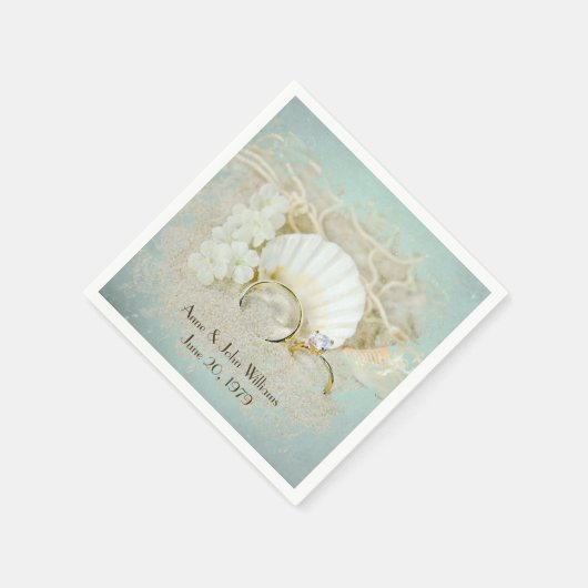 Serviette En Papier Bagues et coquillages mariages dans le sable (Coin)