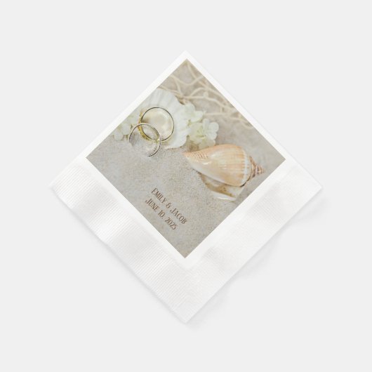 Serviette En Papier Bagues et coquillages mariages dans le sable (Coin)