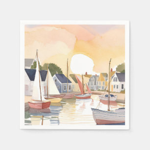 Serviette En Papier Baie des bateaux   Peinture aquarelle de l'océan c