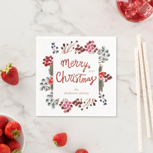 Serviette En Papier baies rouges d'hiver Joyeux Noël (En situation)