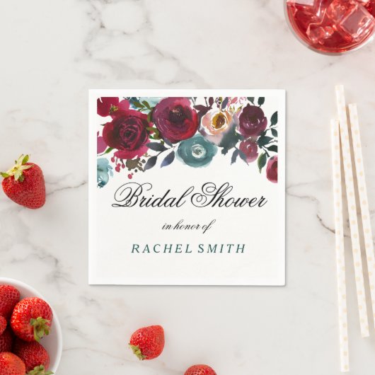 Serviette En Papier Baigne Boho Bourgon Rouge Fleurs Mariage (En situation)