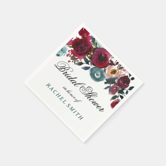 Serviette En Papier Baigne Boho Bourgon Rouge Fleurs Mariage (Coin)