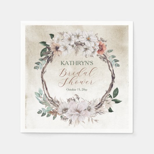 Serviette En Papier Baigne de mariée floral automnal bohème assourdi (Devant)