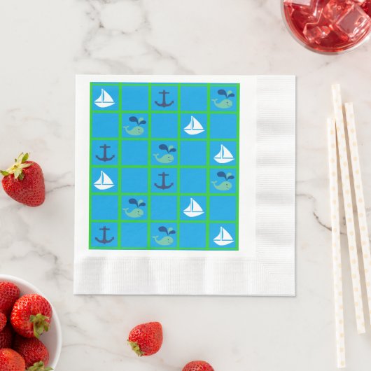Serviette En Papier Baleine nautique, Voilier, Ancre Blue Green Napkin (En situation)