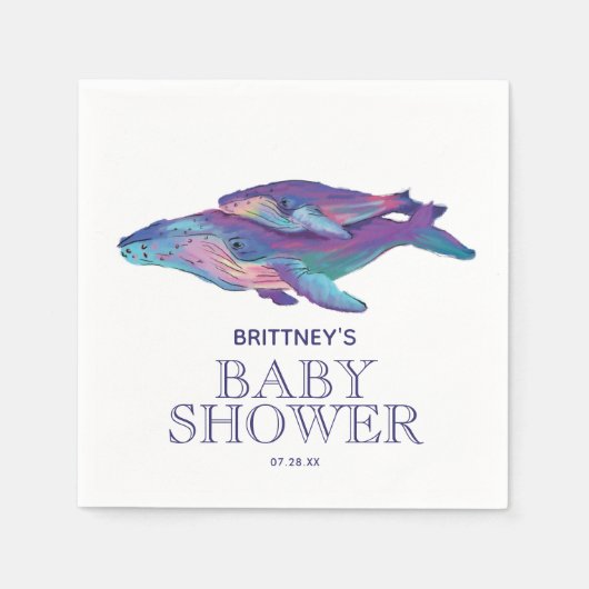 Serviette En Papier Baleine peinte avec veau | Baby shower Napkin (Devant)