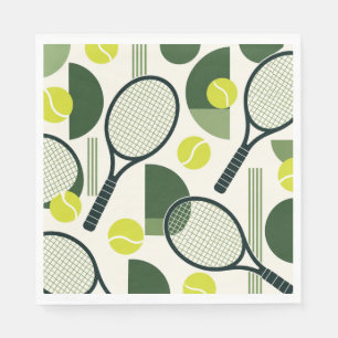 Serviette En Papier Balle et raquette de tennis noir blanc sur vert