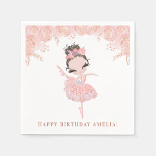 Serviette En Papier Ballerine Brune en Robe Rose Fleurie Anniversaire