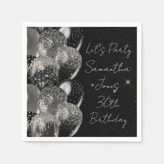 Serviette En Papier Ballons Anniversaire Black Silver Parties scintill (Devant)