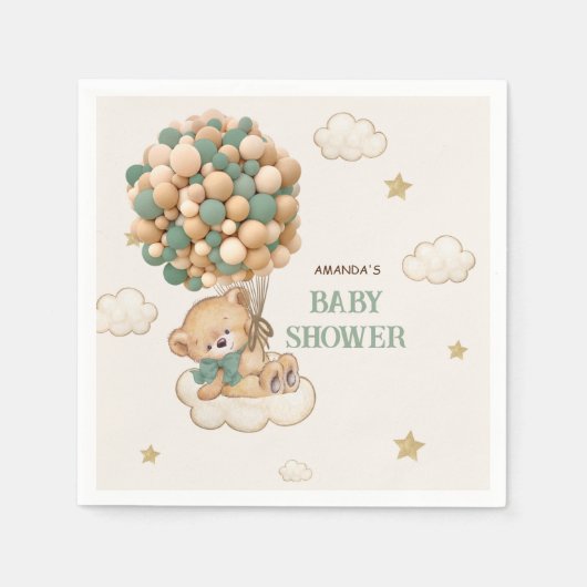 Serviette En Papier Ballons Boho Teddy Bear Baby shower Beige Vert (Devant)