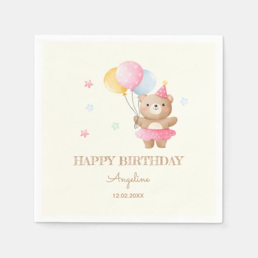 Serviette En Papier Ballons colorés mignon ours fille Anniversaire (Devant)