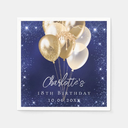 Serviette En Papier Ballons d'or à parties scintillant bleue marine (Devant)