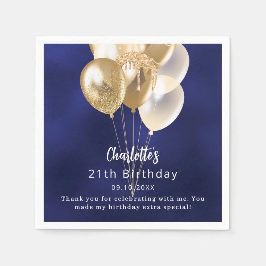 Serviette En Papier Ballons d'or bleu marine anniversaire merci (Devant)
