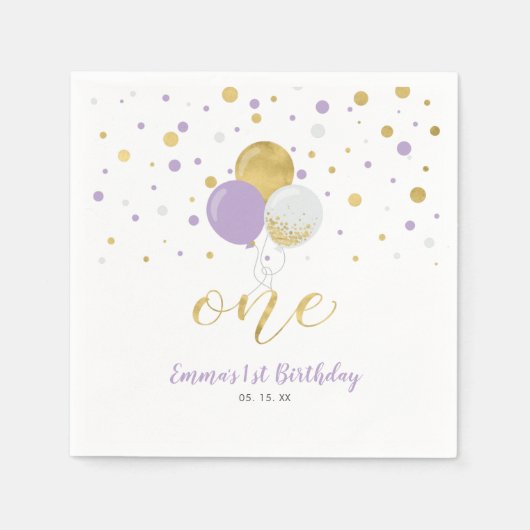 Serviette En Papier Ballons d'or et de violet, Fille Confetti 1er anni (Devant)
