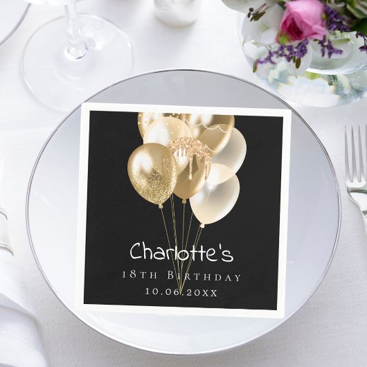 Serviette En Papier Ballons d'or noir d'anniversaire